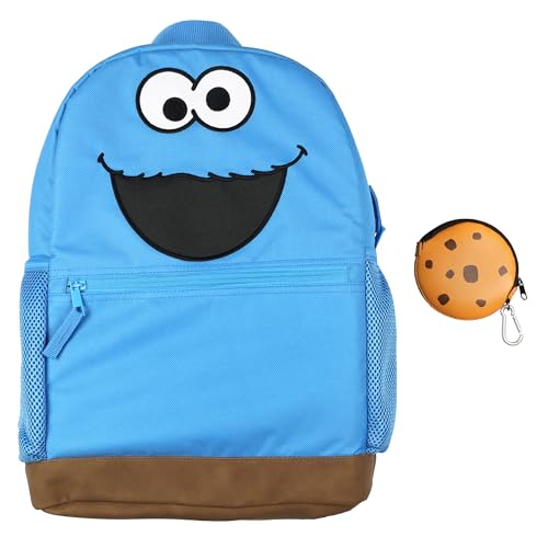 INTIMO Sesame Street Backpack Cookie Monster Character 16 Book Bag with Keychain Cookie Tech Coin Pouch