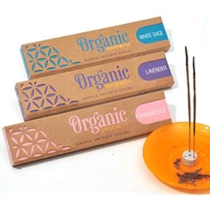 Incense Sticks – 3 Pack: Lavender, Frankincense and White Sage. Total 45 Grams (Over 96% Organic Materials Used) with Ceramic Burner (Saucer not Included)