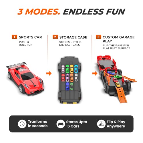 Image of Mirana Car-in-Car Garage Toy for Kids | 4 Diecast Metal Alloy Cars Playset | Foldable Storage with Handle | Store Upto 16 Vehicles | Birthday, Diwali, Return Gift for Boys & Girls 18+ Months (Red)