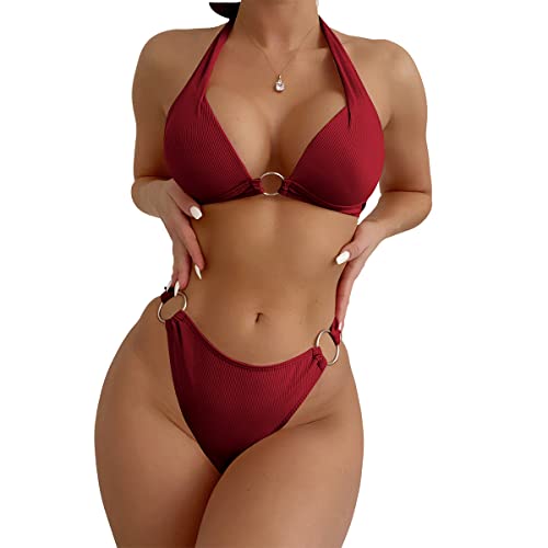 Image of SweatyRocks Women's Ring Linked Halter Push Up Bikini Swimsuit High Stretch Bathing Suit Swimwear Set Swimming Suit Two Piece