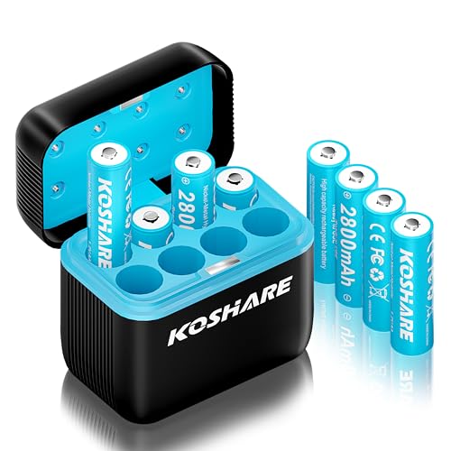 KOSHARE Rechargeable Batteries Ni-MH AA with Charger,8 Pack 1.2V 2800mAh AA Ni-MH Battery,High Capacity Double A Battery, Rechargeable up to 800 Times, Pre-Charged (Black+Blue, 8AA+8Slot Charger)