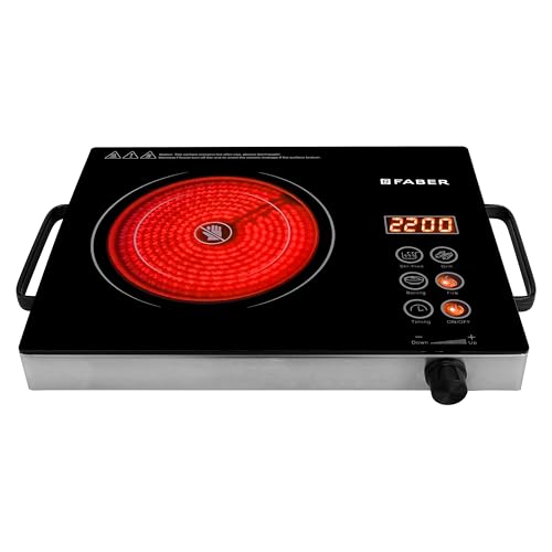 Image of Faber 2200W Infrared Cooktop Stove with Grill Rack for Barbecue| Crystal Glass Plate| Digital Display| 3 Preset Cooking Modes| Touch Control| Infrared Hot Plate| FIP EMBER PRO22 INFRARED