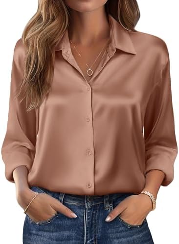 Zeagoo Womens Tops Long Sleeve Satin Silk Button Down Shirts Casu...