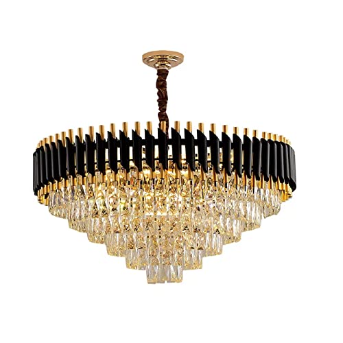 HXYSXHJUO Lámpara de Techo Elegante, Gran lámpara de araña Moderna de Cristal, lámpara Colgante Redonda de Acero Inoxidable Dorado con Tubo Negro Decorado, Ideal para Pasillo, Sala de Estar