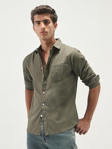 Image of Urbano Fashion Men's Cotton Full Sleeve Regular Fit Casual Solid Slub Shirt with Spread Collar