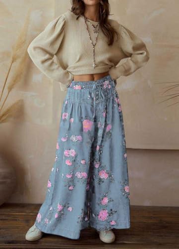 chouyatou Women's Boho Wide Leg Floral Denim Pants Pleated Elastic Waist Drawstring Palazzo Jeans3