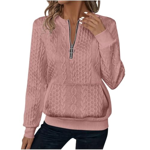NPHFPSQA Women's Half Zip Jacquard Sweatshirt Trendy Tunic Tops Dressy Casual Fall 2025 Pullover Loose Long Sleeve,Pink,Medium