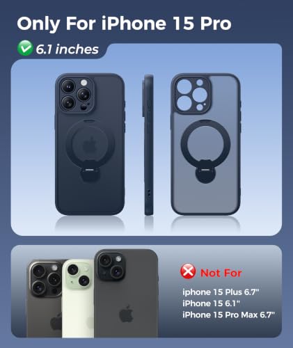 Image of FNTCASE for iPhone 15 Pro Case with 360 Spin Magnetic Stand Deep Blue | Compatible with Magsafe,Screen Protector,Full Camera Protection,Translucent Matte Military Grade Shockproof Phone Cover