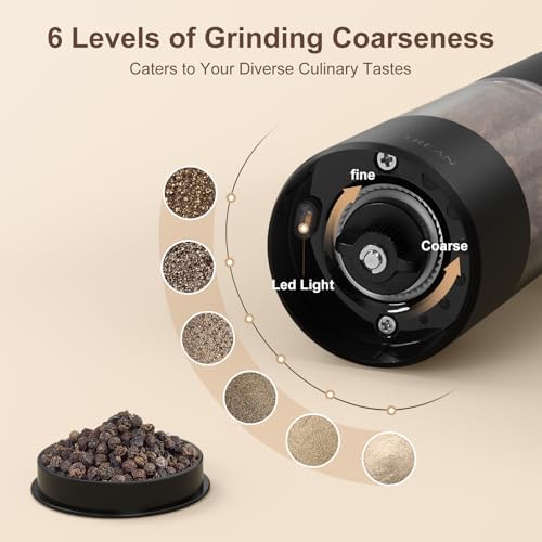 Ultrean Pepper Grinder, Rechargeable Salt and Pepper Grinder with 6 Adjustable Coarseness, LED Light, Automatic Grinder for Kitchen, Home and Kitchen Appliances Birthday Gifts for Women, Black - 2