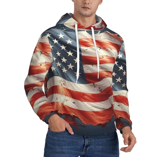 Men's Fleece Pullover Hoodie Long Sleeve Hooded Stars and stripes Sweatshirt Casual Shirts With Pockets Small Black