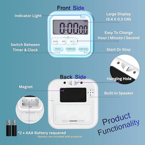 Image of Digital Kitchen Timer & Stopwatch, Large Digit Countdown, Loud Alarm Clock with Back Magnetic Retractable Stand for Cooking,Baking, Study Table, Office, Gym, Athlete and Student Accessories