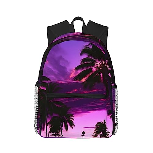 Sac à dos universitaire imprimé palmier violet grand compartiment avec poches coloris noir