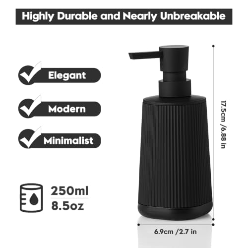 Image of YAUKPH Small Soap Dispenser for Bathroom and Kitchen Black Silicone Base | Modern Farmhouse Striped Style Plastic Hand Soap Dish Soap Dispenser with Pump