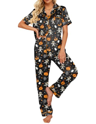 Image of Ekouaer 2 Piece Satin Short Sleeve Pajamas Set Button Down Sleepwear