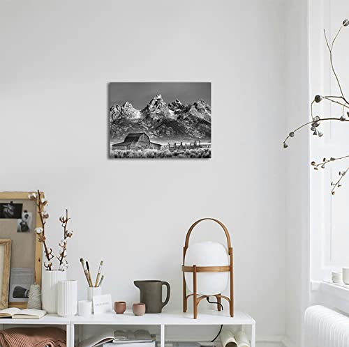Farmhouse Canvas Wall Art White And Black Snowy Mountain Canvas Pictures Mormon Row Barn Grand Teton National Park Wyoming Artwork Nature Landscape Painting For Living Room Bedroom Office 12"X16" #TOP4