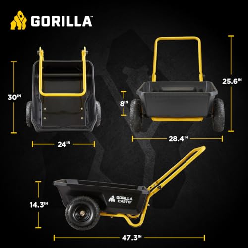 Gorilla Carts Heavy-Duty Dump Cart, Patented Quick-Release Dumping, Steel Frame, 600 lb Capacity, No-Flat 10-Inch Tires, Utility Wagon for Garden, Yard, Beach