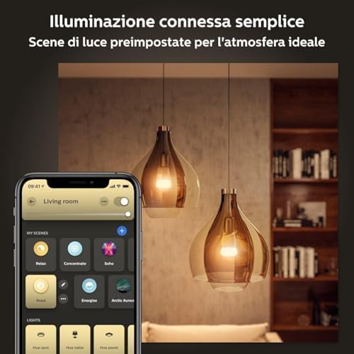 Philips Hue White & Color Ambiance Starter Kit 2 Lampadine Smart, Attacco E27, Luce Bianca e Colorata Dimmerabili, 9W, Hue Bridge incluso, Controllo Vocale