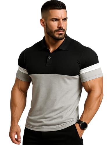 LEOTUDE Men’s Regular Fit Half Sleeve Polo T-Shirt (P67_BLGRY01_P, Color: Black_3XL)
