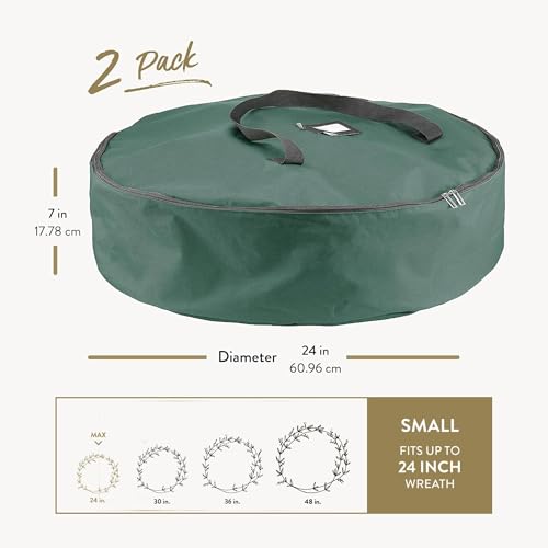 Image of ZOBER 2 Pack Oxford Christmas Wreath Storage Container 24 Inch - Wreath Bag for Artificial Wreaths Box - Waterproof Fabric, Dual Zippered Wreaths Storage Bag With Strong Durable Handles - Green