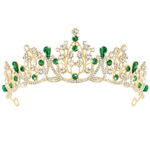 TAROSE Gold Crowns and Tiaras for Women Queen Crystal Tiaras with Green Rhinestone Goddess Crown for Wedding Bride Birthday Princess Bridal Shower Hair Accessories for Women