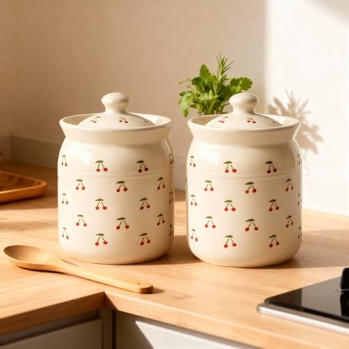 Image of Cherry Printed Ceramic Handglazed Pickle Jars Set of 2-1000 ML Each | 1 kg Achaar Martban Barni Jar with Lid | Ceramic Storage Jar Container Pickle /Achar, Chatney