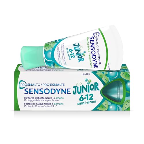 Sensodyne Prosmalto Junior, Dentifricio quotidiano per Bambini 6-12 anni, rafforza delicatamente lo smalto e protegge dalla carie per 24 ore, Aroma Naturale Menta Dolce, 50 ml