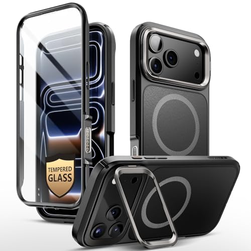 i-Blason MagSafe Funda con Soporte para iPhone 17 Pro 6.3 Inch [AreFlip] Protector de Pantalla de Vidrio Templado 9H Militar Botones de Control de Cámara Magnética Resistente de Cuerpo Case -Negro