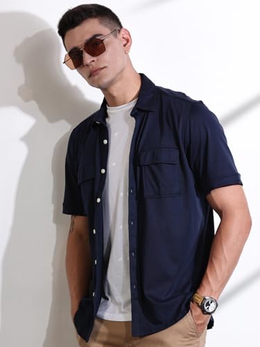 Image of Thomas Scott Men's | Solid | Half Sleeve | Slim Fit | Cotton Blend | Double Flap Pocket | Spread Collar | Casual Shirt