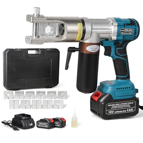 MMNZE Electric Hydraulic Cable Lug Crimping Tool Hydraulic Electrical Terminal Cable Lug Wire Crimper Rechargeable Crimping Tool Kits with 11 Dies, 8 AWG to 500 MCM
