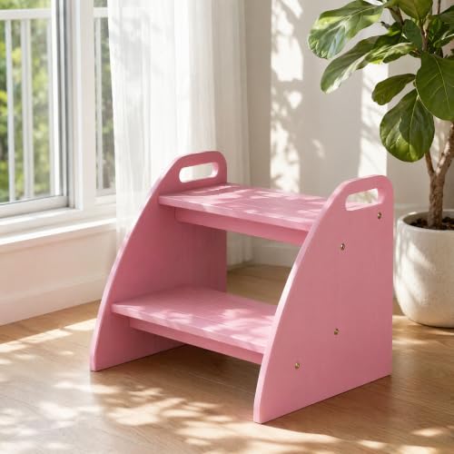Bamboo 2 Step Stool 300lbs Capacity, Wooden Two Step Stool with Non-Slip Handles, Heavy Duty Stepping Stool for Bedside High Beds Adults, Sturdy Small Bathroom Kitchen Pink Step Stool by Gredak - Used condition - Image 8