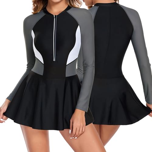 Maillot de bain manches longues zippé pour femme à imprimé feuilles