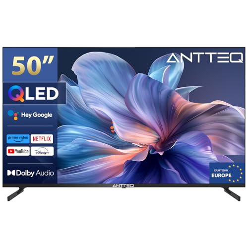 Antteq 4K UHD QLED Q50-AGU1.Q1 Fernseher 50 Zoll Smart TV HDR10 Android TV mit Triple Tuner, App Store (10.000+ Apps), Bluetooth 5.0, Sprachassistent, WLAN 2.4 GHz/5 GHz，Prime Video, Netflix