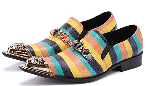 Santimon Men's Dress Driving Loafers Striped Classic Beaded Genuine Leather Slip On Formal Metal Pointed Toe Wedding Party Shoes