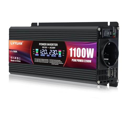 LVYUAN 1100W/ 2200W Convertisseur DC 12V à 220V AC Convertisseur de Courant Onduleur 2 Ports USB/Prises UE