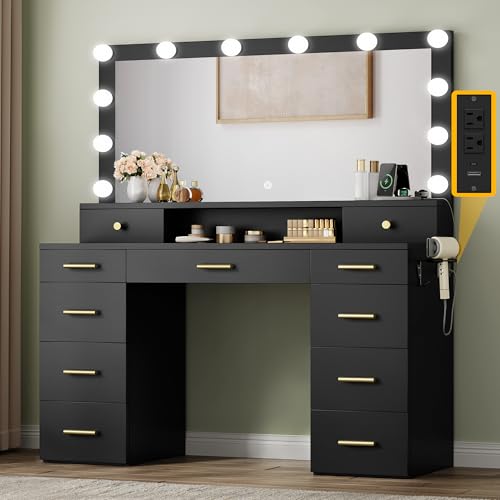 DWVO Vanity Desk Large Black USB & Type C 11 Drawers for Bedroom, Vanity Desk with Mirror and Lights