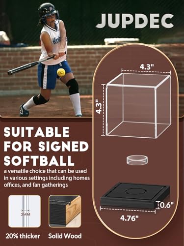 Image of JupDec Softball Display Case Clear Acrylic Ball Holder, UV Protected Cube with Wood Base Stand, Championship Sports Collections Box Showcase, Black