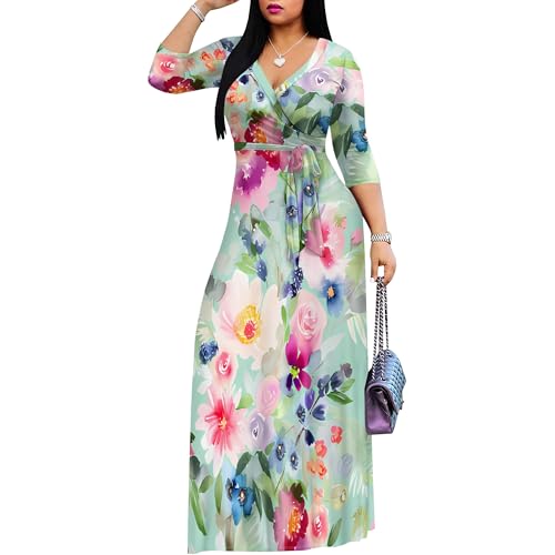 Image of PinkPatty Women's Print Maxi Dresses 3 /4 Sleeve Flowy Long Dress V Neck Wrap Tie Waist Sundress