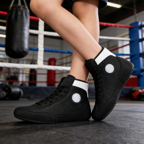 Botas de boxeo de entrenamiento, zapatillas altas para lucha, transpirables, antideslizantes, soporte para el tobillo, zapatillas de fitness para, Negro , 44 EU - imagen 2