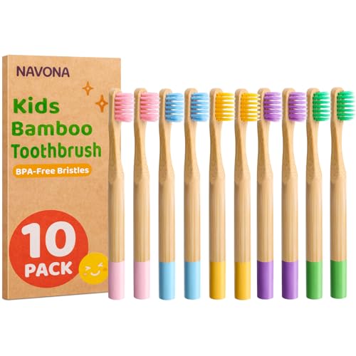 Navona 10Pack Kids Bamboo Toothbrushes Eco-Friendly Kids Toothbrush BPA-Free Soft Bristles Natural Wooden Toothbrushes for Toddlers and Children Compostable Design BambooToothbrush