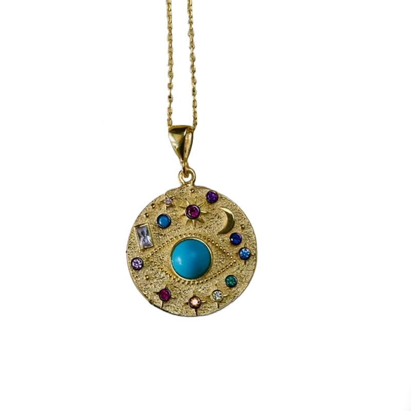 DYFUHO Collar con colgante de amuleto con símbolos mágicos de la suerte, ojo de Horus, ojos de piedra azul, cristal colorido, sol, estrella, luna (ojo azul)