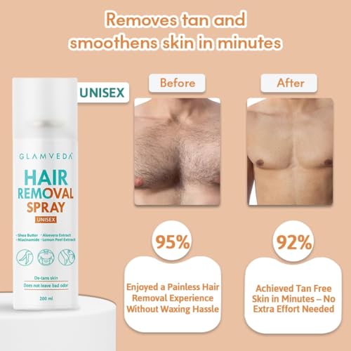 Image of Glamveda Hair Removal Spray with Aloe Vera Extract | Painless Body Hair Remover for Men & Women | Helps Leave Skin Soft & Smooth | Suitable for Chest, Arms, Legs & Underarms | 200 ml