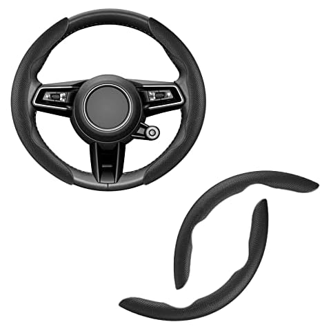 Amiss Car Nappa Leather Steering Wheel Cover, Car Interior Accessories, 2PCS Segmented Steering Wheel Protector, Universal 99% Car Wheel Cover Protector (Black) Cover