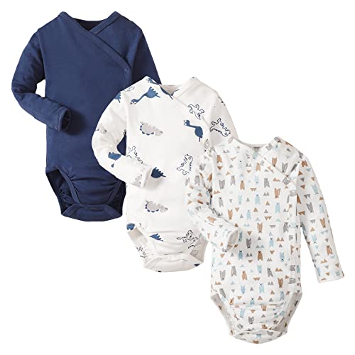 Image of DEFAHN Baby Side Snap Bodysuit Kimono Onsies Newborn Boy Girl 3-Pack 100% Cotton Basic Pattern Kimono Bodysuits