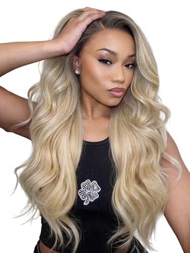 WIGNEE Perruque Lace Front 13x6 Blond Ombré 74 cm – Ondulations Flip Curl Longues, Perruque Synthétique HD Sans Colle, Fibre Futura Résistante à la...