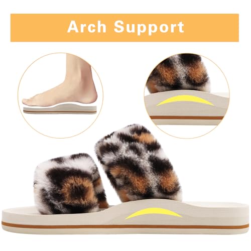 Image of COFACE Fuzzy Slippers for Women Open Toe Orthopedic Slippers Arch Support Fax Fur Slides Plantar Fasciitis Woman House Slippers Indoor