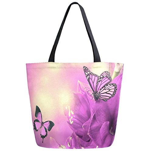 Zzwwr 3D Beautiful Spring Primula Flowers Purple Butterfly Extra Large Canvas Shoulder Tote Top Storage Handle Bag For Gym Beach Weekender Travel Reusable Grocery Shopping #TOP5
