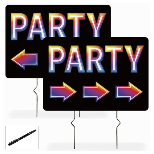 2 Pack Party Signs Double-Sided Party Sign 17x12 Inches Corrugated Plastic Yard Party Direction Sign with Stakes This Way to Birthday Party with Arrow for Outdoor Celebrations (Black)