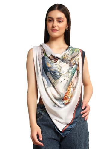 Image of Ravaiyaa - Attitude is everything Women Silk Digital Print Large Square Scarf Breathable Lightweight Neckerchief Printed Headscarf 40 inch x 40 inch Inch