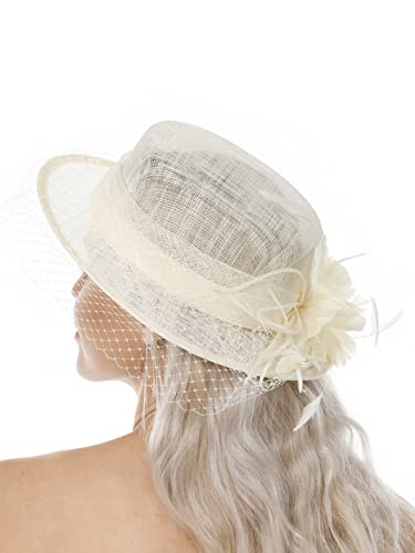 Vintagehat White Feather Fascinator With Veil - Classic Boater Hat For Summer Sinamay Fascinators Hat Wide Brim Beach Sun Hat #TOP5