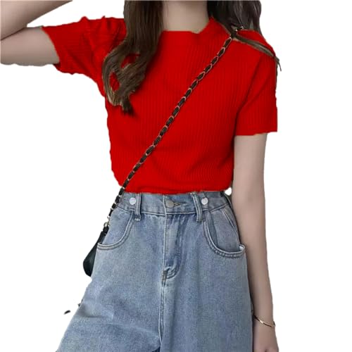 Image of Istyle Can Women Ribbed Slim Fit Top | Stretch Cotton Knit Crew Neck T-Shirt | Solid Casual Short Sleeve Tee for Office, Layering